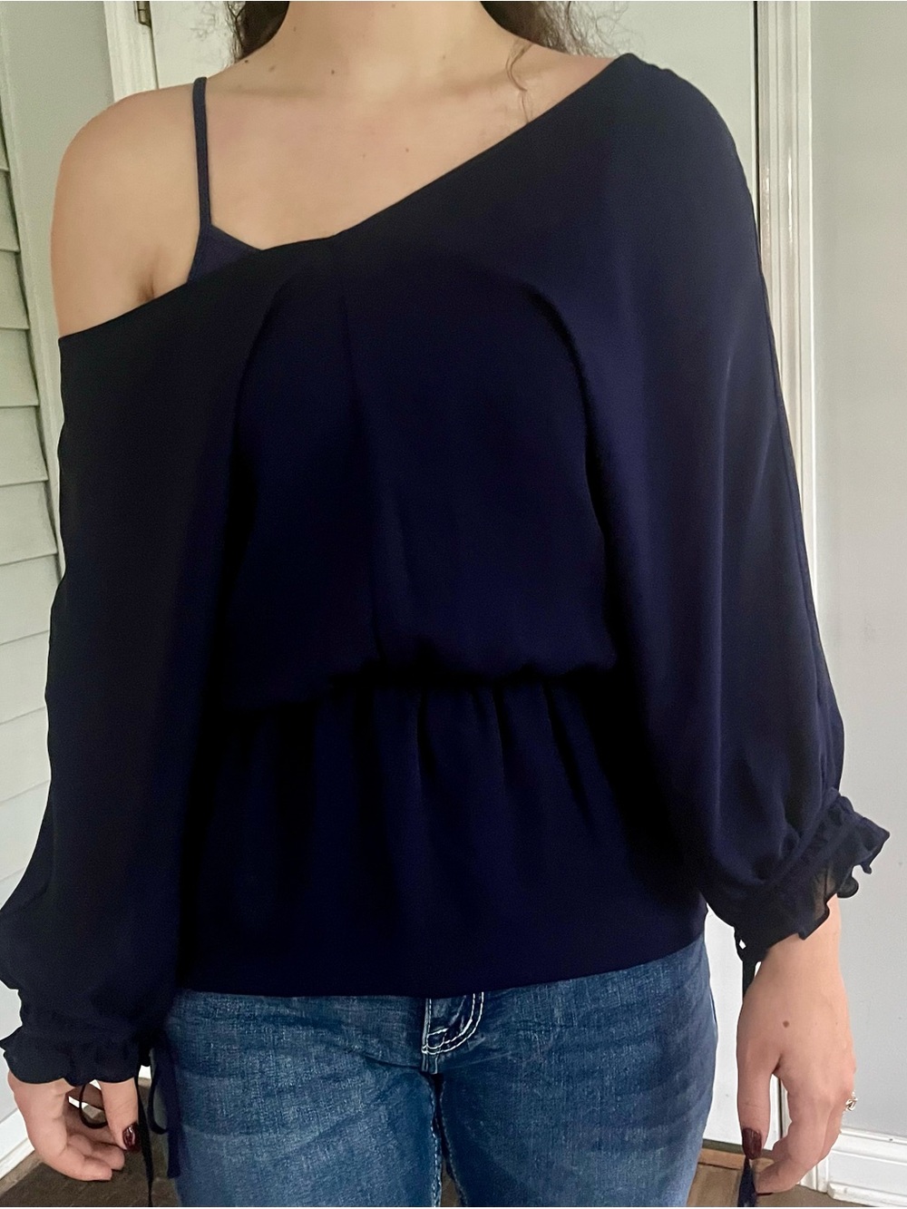 Thomas Pink Pure Silk Sheer Navy Cold Shoulder Blouse Top Size US 2 UK 6